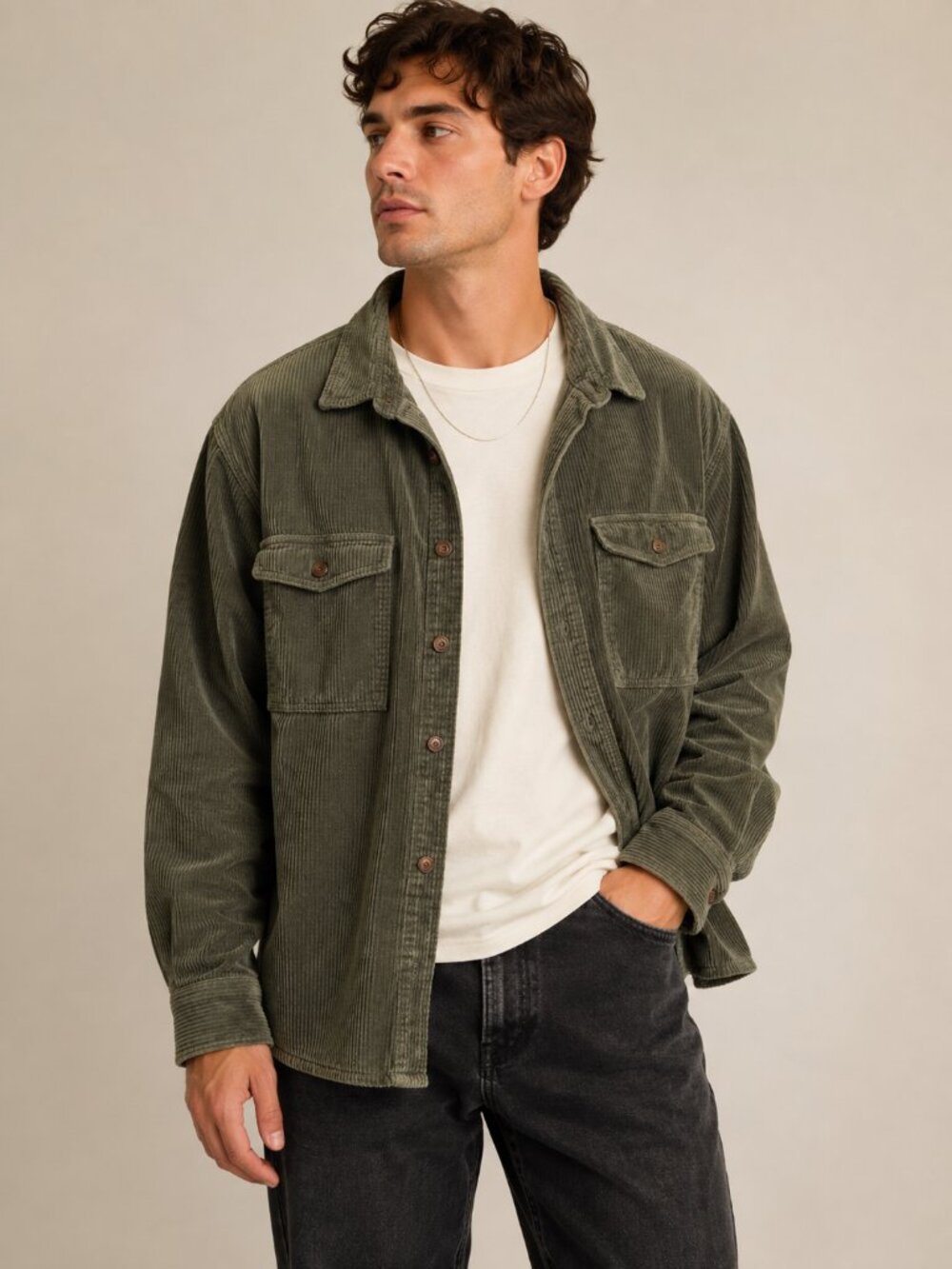 Mens L Olive Green Corduroy Shirt Jacket Shacket Workwear Gorpcore 90s